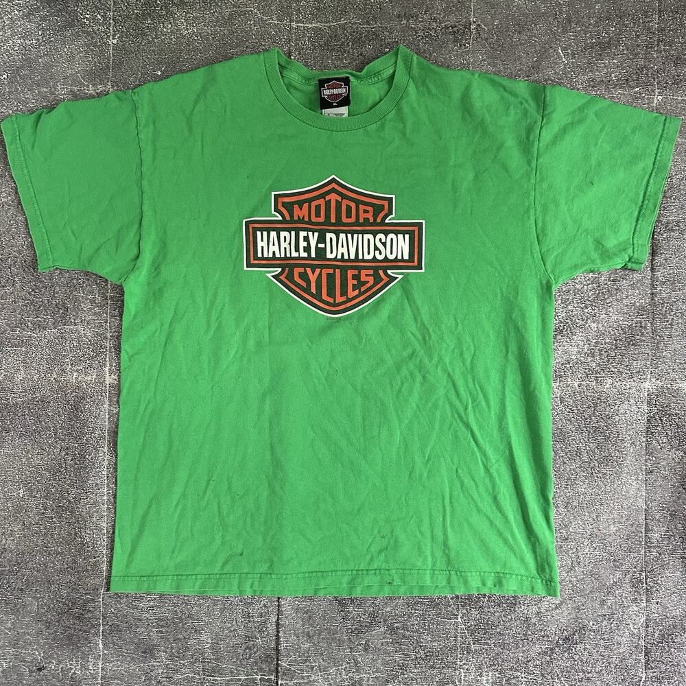 Men's Vintage Y2K Harley Davidson Motorcycles Mardi Gras Green T Shirt Tee Sz XL